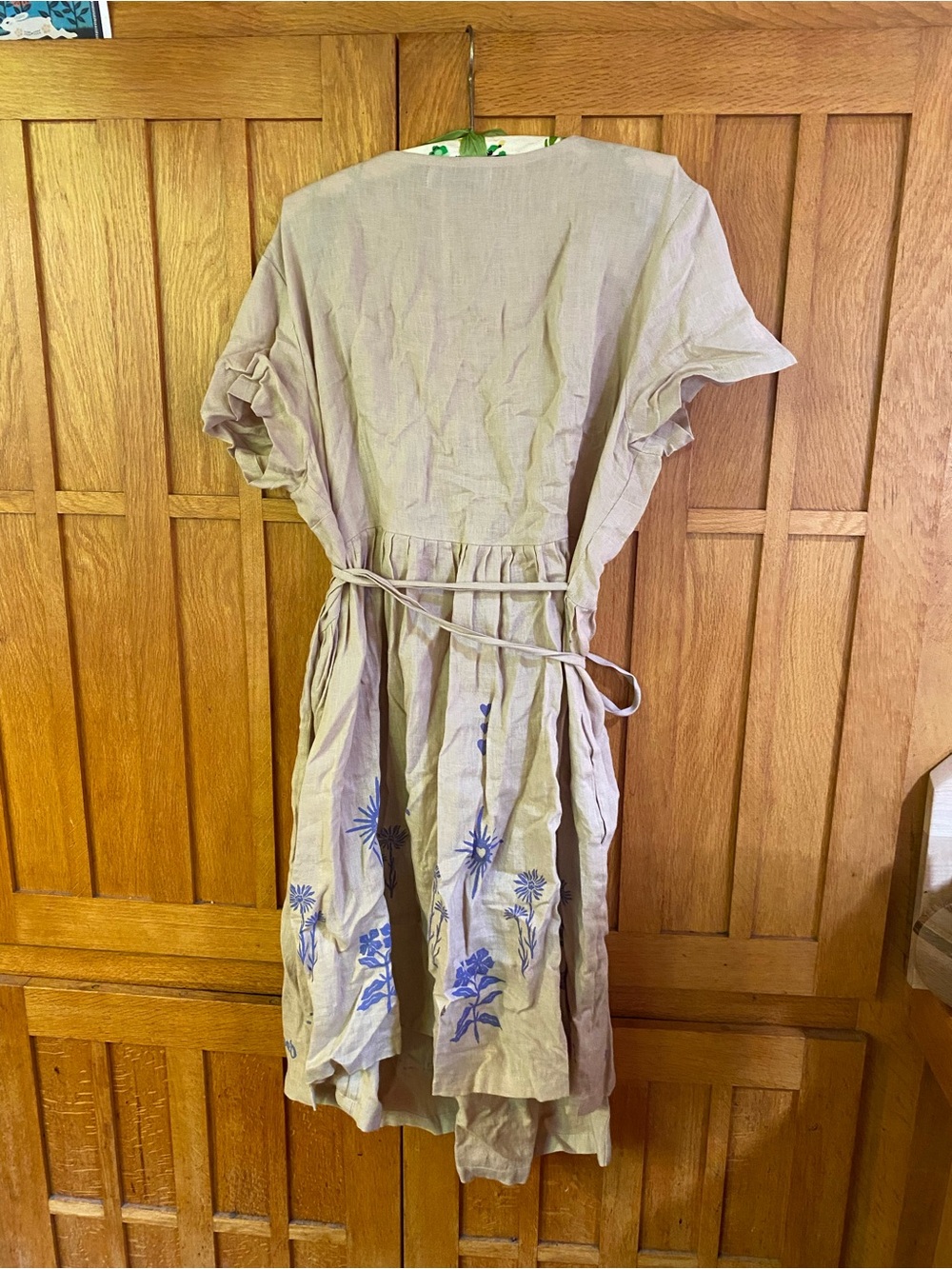 Beige Wrap Dress with Blue Floral Accents - Picture 3 of 3